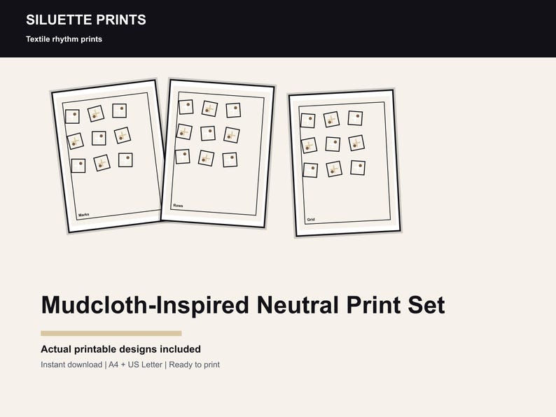 May include: Three framed prints with a neutral mudcloth-inspired design. Each print features a grid of small square images with a minimalist aesthetic. The prints are labeled "Marks", "Rows", and "Grid". The text "SILUETTE PRINTS" and "Textile rhythm prints" are at the top.