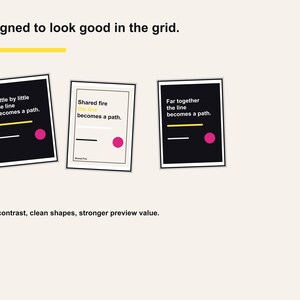 Pu&ograve; includere: Tre stampe artistiche incorniciate con design minimalisti. Ogni stampa presenta uno sfondo nero o crema con testo e forme geometriche. Il testo recita: "Little by little the line becomes a path", "Shared fire the line becomes a path" e "Far together the line becomes a path."