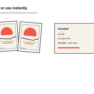 Pu&ograve; includere: Due stampe artistiche incorniciate con un design minimalista con un sole rosso, linee nere e sfondo beige. &Egrave; visibile anche il testo "Print or use instantly" e "Included".