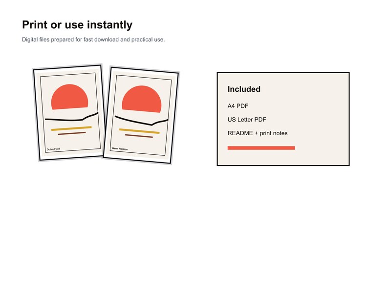 Pu&ograve; includere: Due stampe artistiche incorniciate con un design minimalista con un sole rosso, linee nere e sfondo beige. &Egrave; visibile anche il testo "Print or use instantly" e "Included".