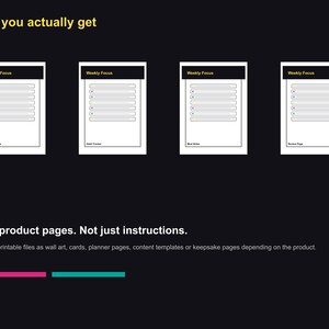 May include: Four white printable pages with the text "Weekly Focus" at the top, each with a black header and a series of horizontal lines. The text "What you actually get" is at the top, and "Real product pages. Not just instructions" is at the bottom.