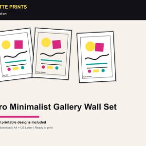 Pu&ograve; includere: Tre stampe artistiche incorniciate con disegni geometrici astratti in giallo, rosa, verde acqua e nero. Le stampe sono etichettate "Sun Art", "Market Rhythm" e "Quiet Horizon". Il testo "Afro Minimalist Gallery Wall Set" &egrave; sotto.