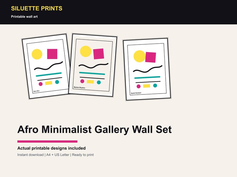 Pu&ograve; includere: Tre stampe artistiche incorniciate con disegni geometrici astratti in giallo, rosa, verde acqua e nero. Le stampe sono etichettate "Sun Art", "Market Rhythm" e "Quiet Horizon". Il testo "Afro Minimalist Gallery Wall Set" &egrave; sotto.