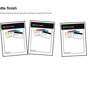 May include: Three white cards with black borders, each labeled "Memory cards" at the top. Each card has a stack of smaller, colorful cards and a rectangular card with text. The text "Siluette finish" and "Premium-looking digital product files" are at the top.