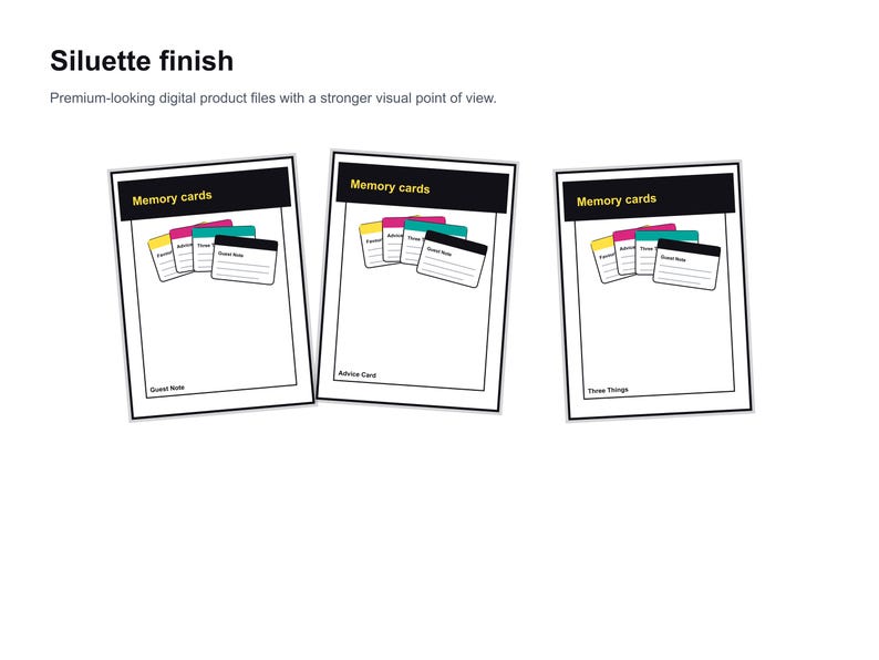 May include: Three white cards with black borders, each labeled "Memory cards" at the top. Each card has a stack of smaller, colorful cards and a rectangular card with text. The text "Siluette finish" and "Premium-looking digital product files" are at the top.