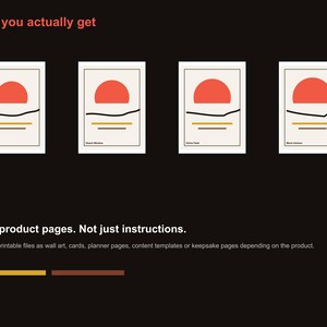 Pu&ograve; includere: Quattro stampe artistiche incorniciate con un design minimalista con un sole rosso, una linea nera e due linee orizzontali su sfondo crema. Il testo "What you actually get" &egrave; in alto. Il testo "Real product pages. Not just instructions" &egrave; in basso.