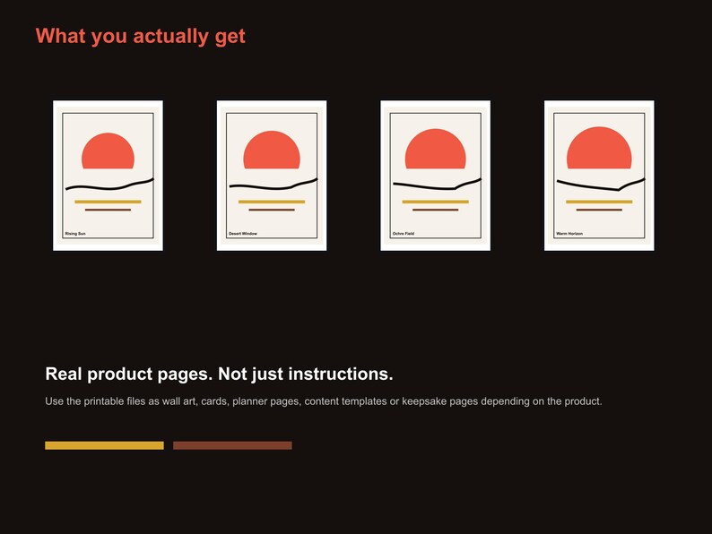 Pu&ograve; includere: Quattro stampe artistiche incorniciate con un design minimalista con un sole rosso, una linea nera e due linee orizzontali su sfondo crema. Il testo "What you actually get" &egrave; in alto. Il testo "Real product pages. Not just instructions" &egrave; in basso.