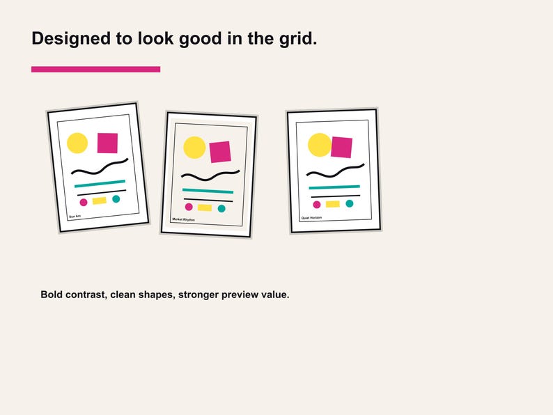 Pu&ograve; includere: Tre stampe artistiche incorniciate con disegni astratti. Ogni stampa presenta un cerchio giallo, un quadrato rosa e linee nere, turchesi e gialle. Il testo "Designed to look good in the grid" &egrave; in alto.