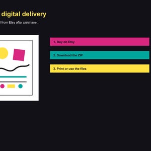 Pu&ograve; includere: Immagine con il testo "Consegna digitale veloce" e istruzioni per scaricare un prodotto digitale da Etsy. L'immagine include un design astratto colorato con forme geometriche e i passaggi: Acquista su Etsy, Scarica lo ZIP e Stampa o usa i file.