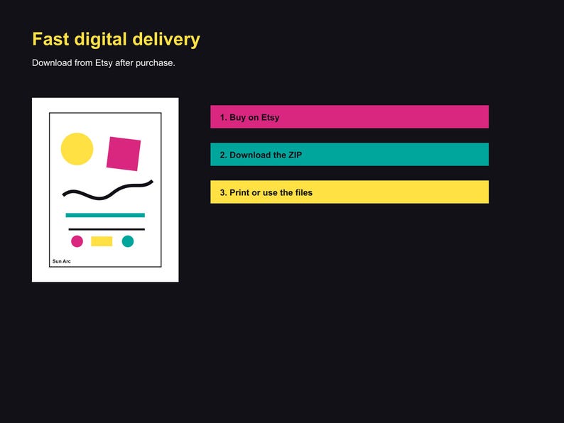 Pu&ograve; includere: Immagine con il testo "Consegna digitale veloce" e istruzioni per scaricare un prodotto digitale da Etsy. L'immagine include un design astratto colorato con forme geometriche e i passaggi: Acquista su Etsy, Scarica lo ZIP e Stampa o usa i file.