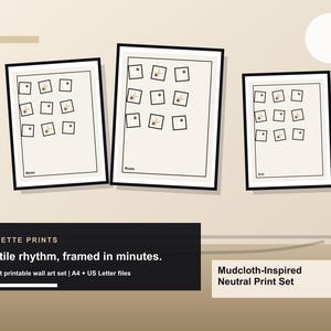 May include: Three framed art prints with black frames and off-white backgrounds. Each print features a grid of small, square images. The prints are labelled "Marks", "Rows", and "Grid". The text "Textile rhythm, framed in minutes" is also visible.