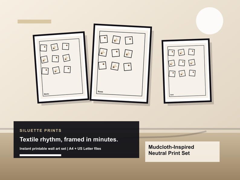 May include: Three framed art prints with black frames and off-white backgrounds. Each print features a grid of small, square images. The prints are labelled "Marks", "Rows", and "Grid". The text "Textile rhythm, framed in minutes" is also visible.