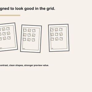 May include: Three framed art prints with a grid of small square images. The frames are black, and the prints have a cream-coloured background. The text "Designed to look good in the grid" is at the top, with "Bold contrast, clean shapes, stronger preview value" at the bottom.