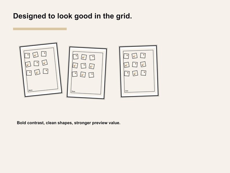 May include: Three framed art prints with a grid of small square images. The frames are black, and the prints have a cream-coloured background. The text "Designed to look good in the grid" is at the top, with "Bold contrast, clean shapes, stronger preview value" at the bottom.
