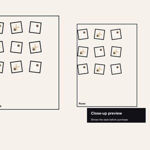 May include: Two rectangular diagrams on a light beige background. The left diagram, labelled "Marks", displays nine small square images with a brown dot and cross design. The right diagram, labelled "Rows", shows a similar arrangement. A black rectangle at the bottom reads "Close-up preview. Shows the style before purchase."