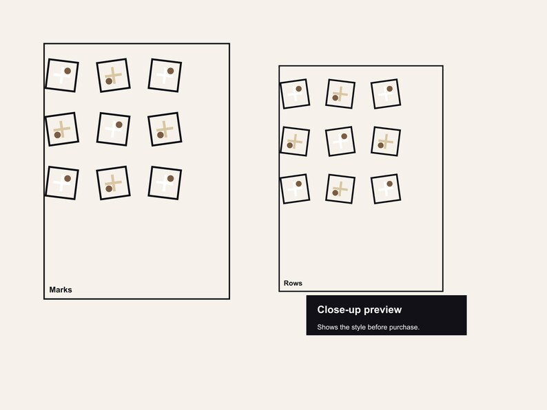 May include: Two rectangular diagrams on a light beige background. The left diagram, labelled "Marks", displays nine small square images with a brown dot and cross design. The right diagram, labelled "Rows", shows a similar arrangement. A black rectangle at the bottom reads "Close-up preview. Shows the style before purchase."