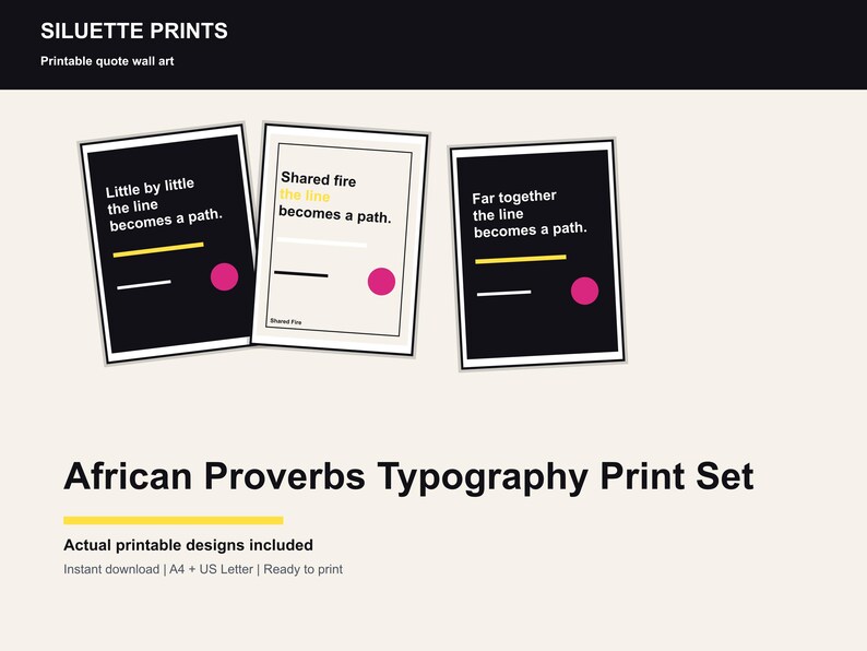 Pu&ograve; includere: Un set di tre stampe artistiche da parete stampabili con proverbi africani. Ogni stampa presenta uno sfondo nero o crema con elementi di design minimalisti, tra cui linee, cerchi e testo. Pronta per la stampa in A4 e US Letter.