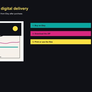 以下が含まれることがあります： 「Fast digital delivery」と「Download from Etsy after purchase」のテキストを含む画像。黒い上部、黄色の円、色付きの線で構成されたグラフィック。手順：1. Etsyで購入、2. ZIPをダウンロード、3. ファイルを印刷または使用。