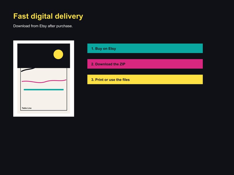 以下が含まれることがあります： 「Fast digital delivery」と「Download from Etsy after purchase」のテキストを含む画像。黒い上部、黄色の円、色付きの線で構成されたグラフィック。手順：1. Etsyで購入、2. ZIPをダウンロード、3. ファイルを印刷または使用。
