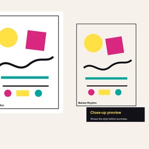 Pu&ograve; includere: Stampa artistica astratta con un cerchio giallo e un quadrato magenta. Una linea ondulata nera e due linee turchesi sottostanti. Un cerchio rosa, un rettangolo giallo e un cerchio turchese in basso. Il testo "Sun Arc" &egrave; in basso a sinistra.