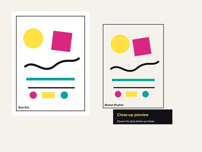Pu&ograve; includere: Stampa artistica astratta con un cerchio giallo e un quadrato magenta. Una linea ondulata nera e due linee turchesi sottostanti. Un cerchio rosa, un rettangolo giallo e un cerchio turchese in basso. Il testo "Sun Arc" &egrave; in basso a sinistra.