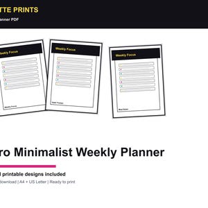 May include: Three printable Afro Minimalist Weekly Planners with a black header that reads "Weekly Focus." Each planner has a series of horizontal lines and coloured dots. The text "SILUETTE PRINTS" and "Printable planner PDF" are at the top.