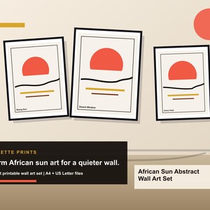 Pu&ograve; includere: Tre stampe incorniciate con un design minimalista con un sole rosso, linee nere e linee orizzontali beige e marroni. Le stampe sono etichettate "Rising Sun", "Desert Window" e "Olive Field". Il testo recita "Warm African sun art for a quieter wall."
