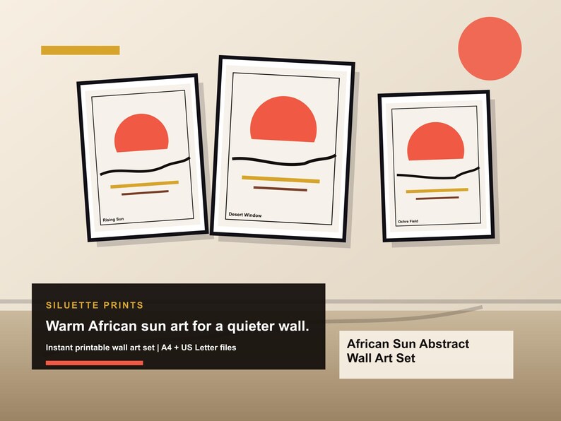 Pu&ograve; includere: Tre stampe incorniciate con un design minimalista con un sole rosso, linee nere e linee orizzontali beige e marroni. Le stampe sono etichettate "Rising Sun", "Desert Window" e "Olive Field". Il testo recita "Warm African sun art for a quieter wall."