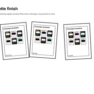 May include: Three white rectangular templates with the text "Campaign templates" at the top. Each template has a series of colorful rectangles. The text "Story Prompt", "Offer Slide", and "Proof Slide" are at the bottom of each template.