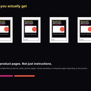 May include: Four identical black and white cards with the text "MILESTONE BIRTHDAY" and a red circle. The cards are displayed against a black background. The text "What you actually get" is in yellow at the top. Below, text reads "Real product pages. Not just instructions."