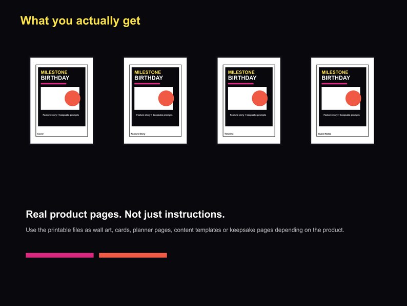 May include: Four identical black and white cards with the text "MILESTONE BIRTHDAY" and a red circle. The cards are displayed against a black background. The text "What you actually get" is in yellow at the top. Below, text reads "Real product pages. Not just instructions."