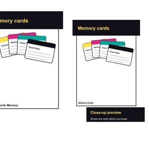 以下が含まれることがあります： 「Memory cards」の文字が上部にあるメモリーカードのグラフィック。カードは黄色、ピンク、ティール、黒など様々な色で構成されています。カードには「Favour」、「Advice」、「Three T」、「Guest Note」の文字が記載されています。下部には「Favourite Memory」と書かれています。