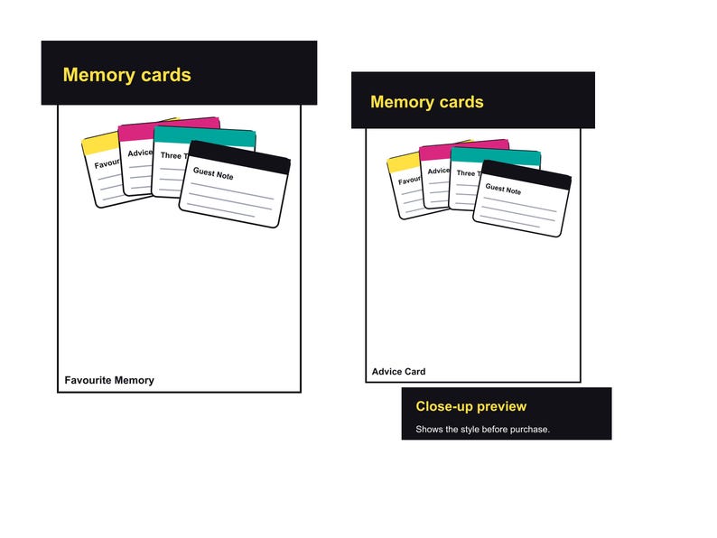以下が含まれることがあります： 「Memory cards」の文字が上部にあるメモリーカードのグラフィック。カードは黄色、ピンク、ティール、黒など様々な色で構成されています。カードには「Favour」、「Advice」、「Three T」、「Guest Note」の文字が記載されています。下部には「Favourite Memory」と書かれています。