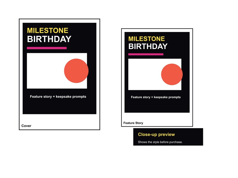 May include: Two minimalist design templates with the text "MILESTONE BIRTHDAY". Each design features a black background with white text, a pink horizontal line, a white rectangle, and a red circle. The text "Feature story + keepsake prompts" is also included.