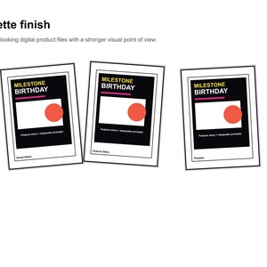 May include: Three framed digital product files with the text "MILESTONE BIRTHDAY" in a bold font. Each frame has a black background, a white rectangle, and a red circle. The text "Feature story + keepsake prompts" is below the white rectangle.