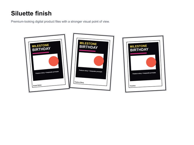 May include: Three framed digital product files with the text "MILESTONE BIRTHDAY" in a bold font. Each frame has a black background, a white rectangle, and a red circle. The text "Feature story + keepsake prompts" is below the white rectangle.