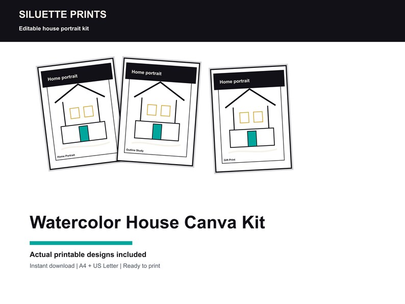 Watercolor House Portrait Kit, Outline Wall Art Guide, New Home Gift (Digital Download) image 1