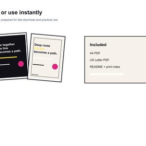 Pu&ograve; includere: Due stampe artistiche minimaliste con i testi "Far together the line becomes a path" e "Deep roots becomes a path". Le stampe sono nere e color crema con disegni geometrici e cerchi rosa. L'immagine include anche un elenco dei file digitali inclusi.