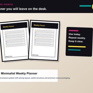 May include: Two white Afro Minimalist Weekly Planners with black borders and the text "Weekly Focus". A black square with the text "Use today. Repeat weekly. Keep it clear." is also shown. The text "SILUETTE PRINTS" and "A planner you will leave on the desk." are at the top.