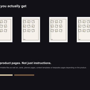 May include: Four cream-coloured pages are displayed, each with a grid of small square images in a square frame. The text at the top reads "What you actually get." Below, text reads "Real product pages. Not just instructions."