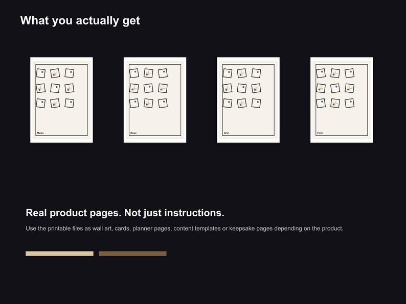May include: Four cream-coloured pages are displayed, each with a grid of small square images in a square frame. The text at the top reads "What you actually get." Below, text reads "Real product pages. Not just instructions."