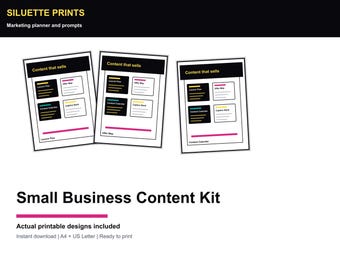 Pianificatore di contenuti per piccole imprese in formato PDF, kit di 30 post, suggerimenti per didascalie basati sull'IA, calendario delle promozioni.