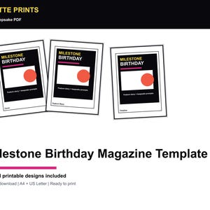 May include: Three framed Milestone Birthday Magazine Templates. Each template features a black background with white text, a pink horizontal line, a white rectangle, and a red circle. The text includes "MILESTONE BIRTHDAY" and "Feature story + keepsake prompts."