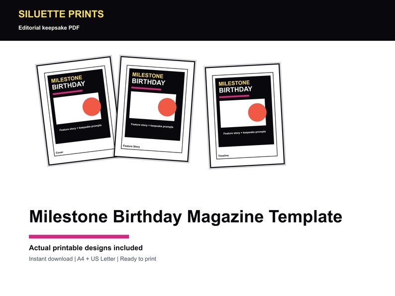 May include: Three framed Milestone Birthday Magazine Templates. Each template features a black background with white text, a pink horizontal line, a white rectangle, and a red circle. The text includes "MILESTONE BIRTHDAY" and "Feature story + keepsake prompts."