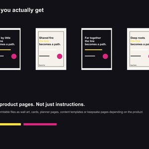 Pu&ograve; includere: Quattro stampe artistiche minimaliste con citazioni ispiratrici su sfondi neri e crema. Ogni stampa presenta una citazione con una linea gialla, una linea nera e un cerchio rosa. Il testo "What you actually get" &egrave; in alto.