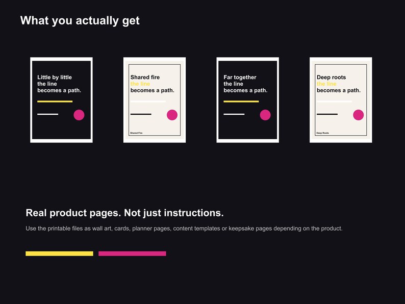 Pu&ograve; includere: Quattro stampe artistiche minimaliste con citazioni ispiratrici su sfondi neri e crema. Ogni stampa presenta una citazione con una linea gialla, una linea nera e un cerchio rosa. Il testo "What you actually get" &egrave; in alto.