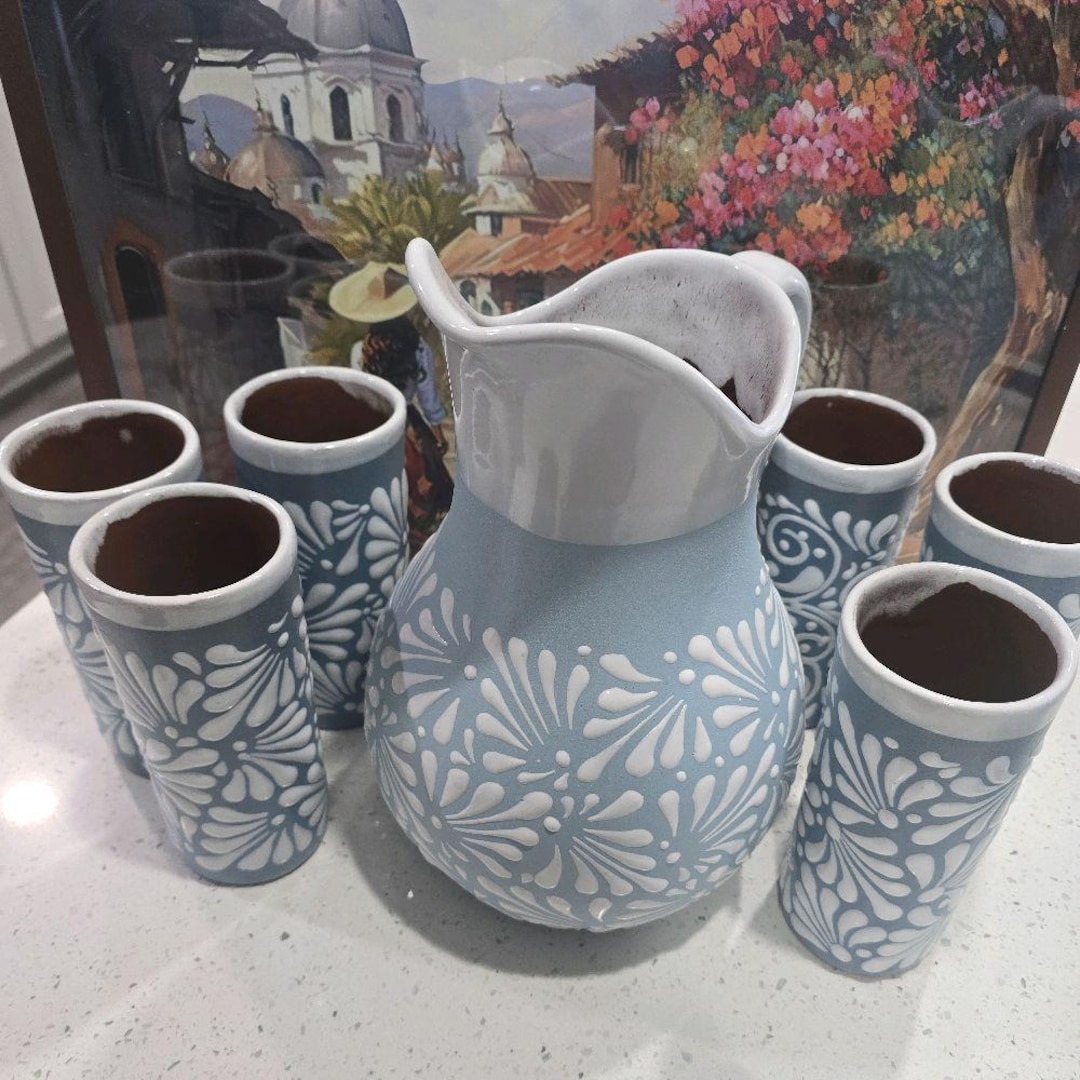 Baby Blue Talavera Pitcher With 6 Tall Cups - Etsy