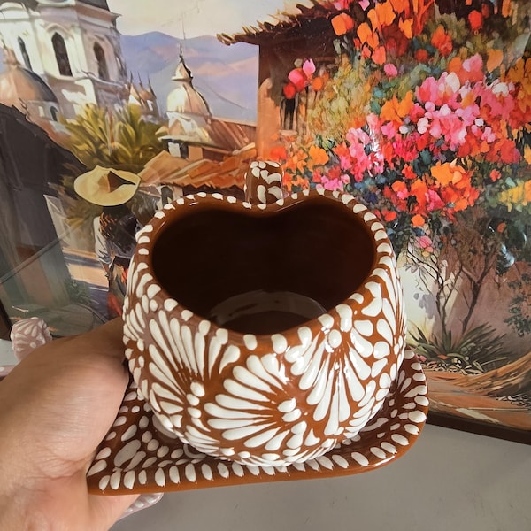 Brown w/ white Talavera Heart Mug with Plate - Cielito Lindo