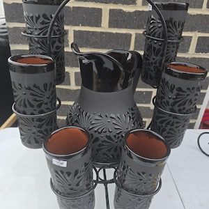 Black Talavera Pitcher w/ 6 cups and stand