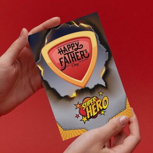 Pai super-herói de história em quadrinhos – Cartão de felicitações para o Dia dos Pais para impressão (tamanho A4, PNG e JPEG, download instantâneo)